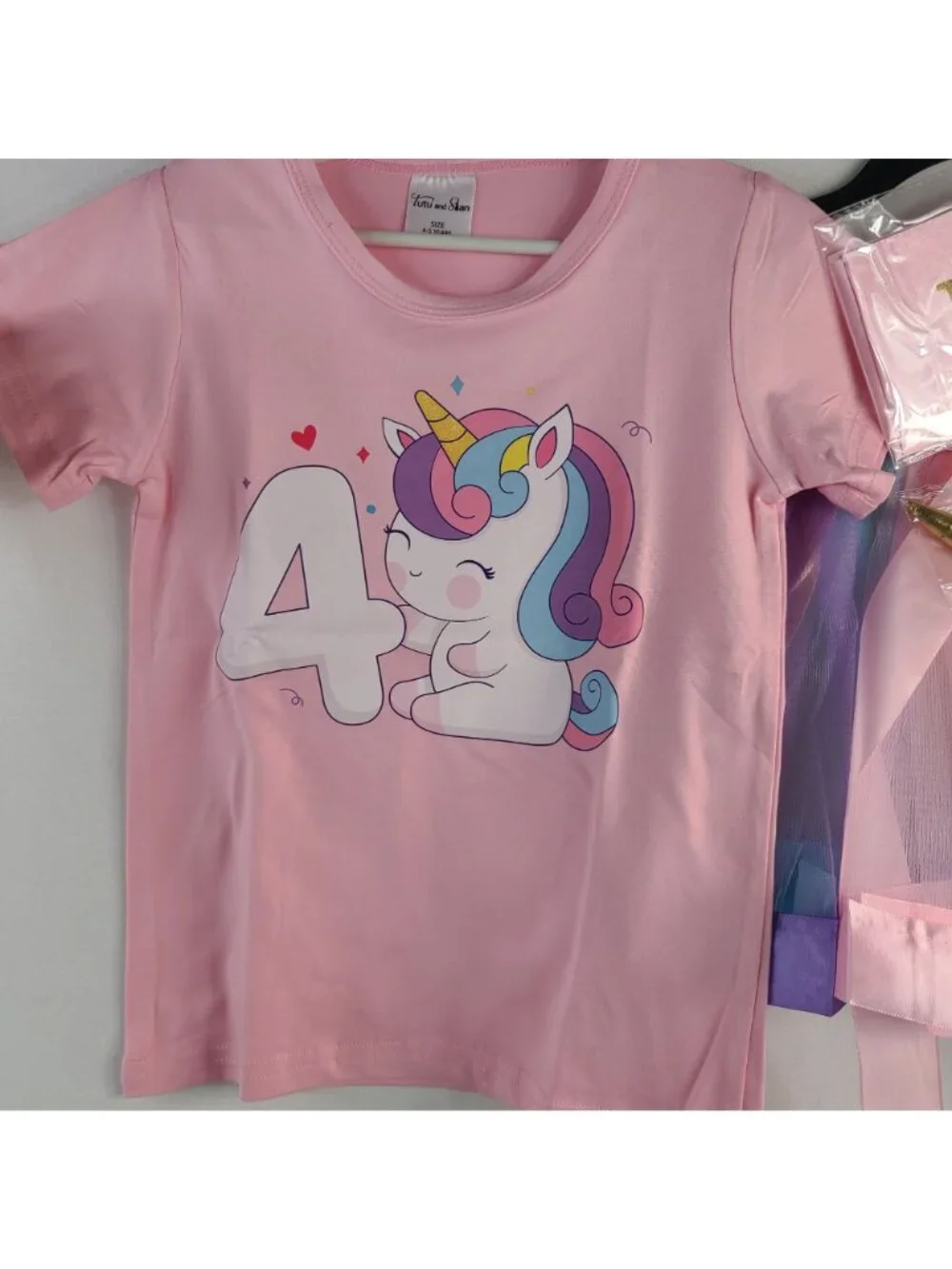 Unicorn 4th Birthday Outfit Set Pink Shirt Tutu Birthday Sash & Unicorn Headband - Picture 2 of 10
